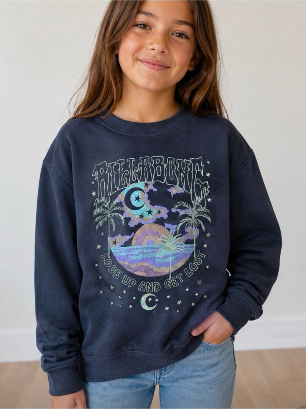 🌙 VINTAGE STYLE BILLABONG “LOOK UP AND GET LOST” CREWNECK 🌴 youth M